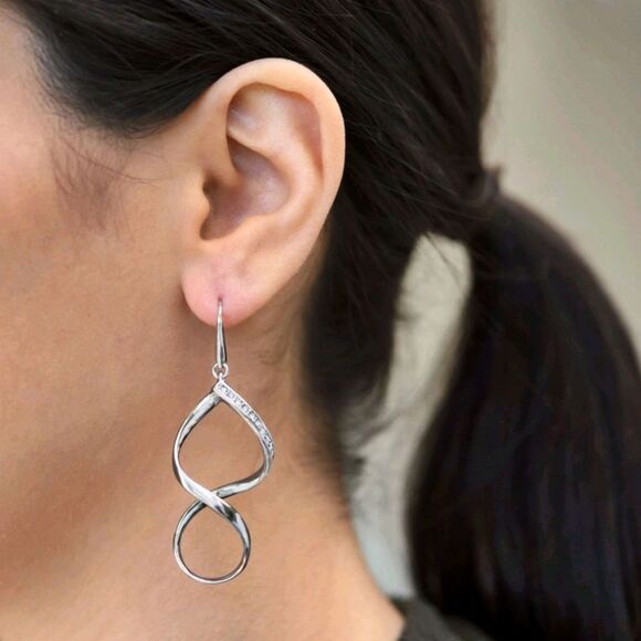 #Touchstone Crystal Silver-Rhodium #Statement Twisted Drops Ear Wire 2 1/4" long - Picture 3 of 5